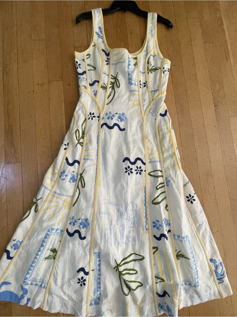 CAROLINE CONSTAS BLUE WHITE YELLOW  MIDI SUNDRESS DRESS NWT small